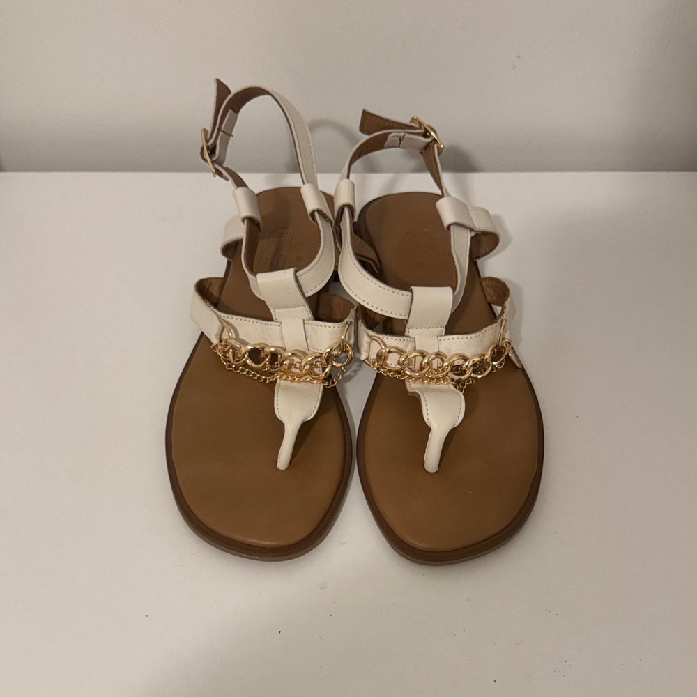 Elegant White and Brown Sandals with Gold Chain